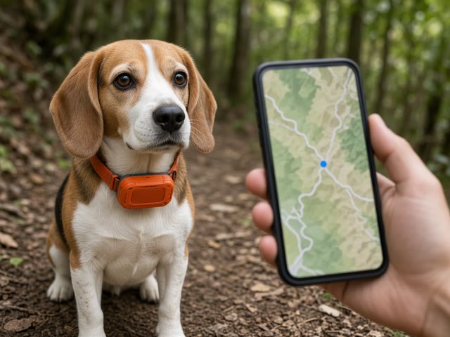 Beagle sur un sentier en forêt avec un collier GPS orange étanche, son maître suit sa position sur un smartphone
