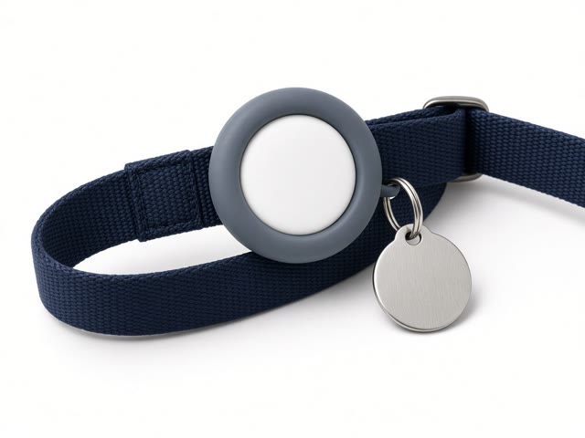 Porte-balise rond en silicone avec une balise Bluetooth blanche, fixé sur un collier bleu marine à côté d’une médaille