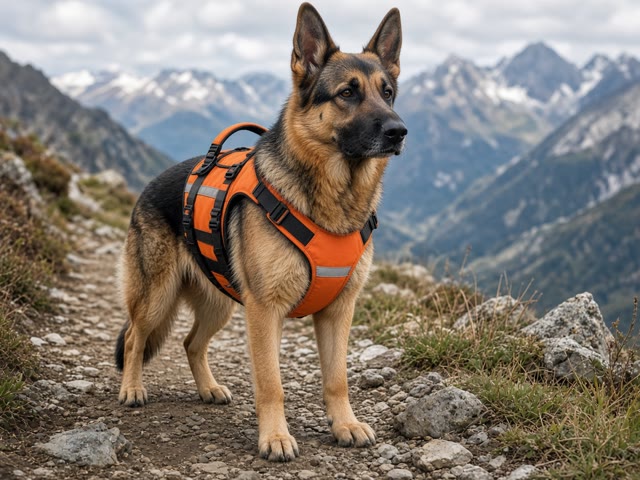 Berger allemand portant un harnais de randonnée orange avec poignée et bandes réfléchissantes sur un sentier de montagne