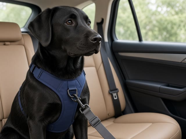 Labrador noir assis sur la banquette arrière d’une voiture, harnais bleu marine attaché à une ceinture de sécurité pour chien