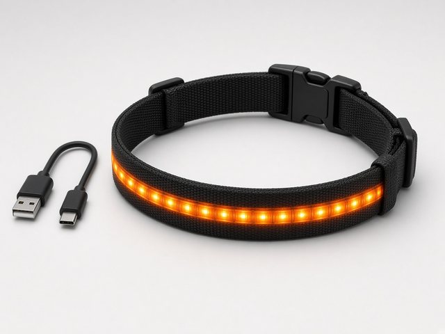 Collier pour chien noir avec bande LED orange allumée et son câble de recharge USB posé à côté