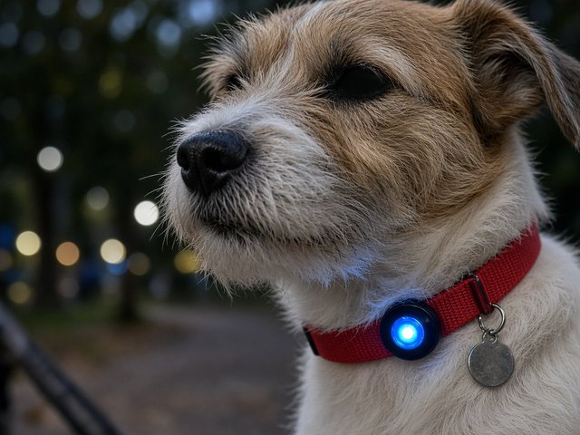 Petit chien terrier avec une lumière LED ronde bleue clipsée sur son collier rouge, à côté de sa médaille