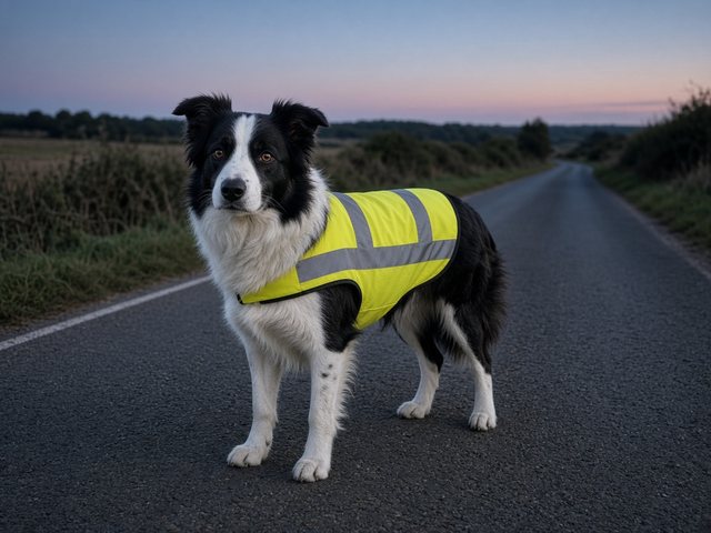 Border collie portant un gilet jaune fluo à bandes réfléchissantes sur une route de campagne au crépuscule