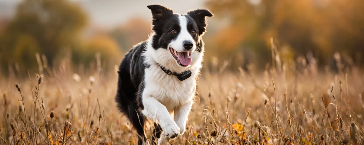 Border collie qui court dans un pré en automne, avec un petit traceur GPS noir fixé à son collier