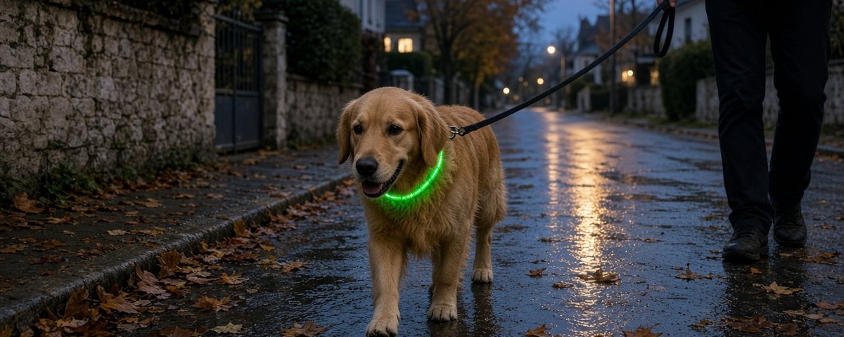Golden retriever en laisse sur une rue mouillée au crépuscule, avec un collier lumineux LED vert allumé