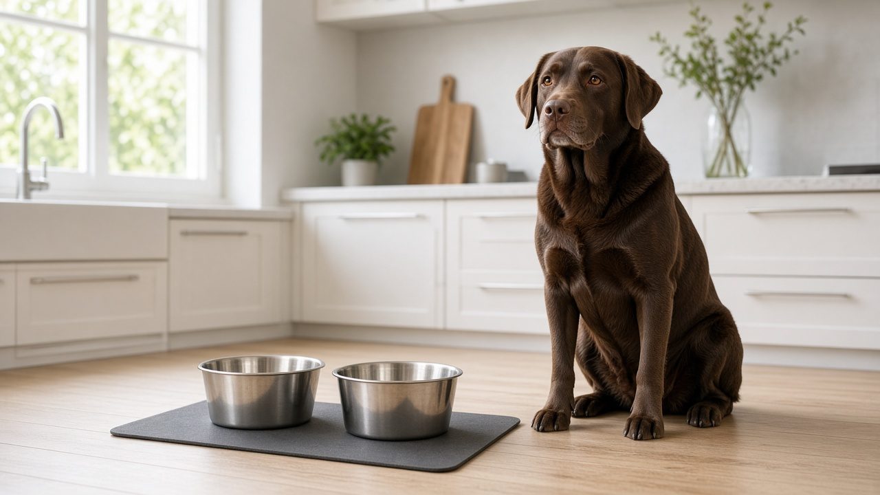 Chien devant sa gamelle dans une cuisine