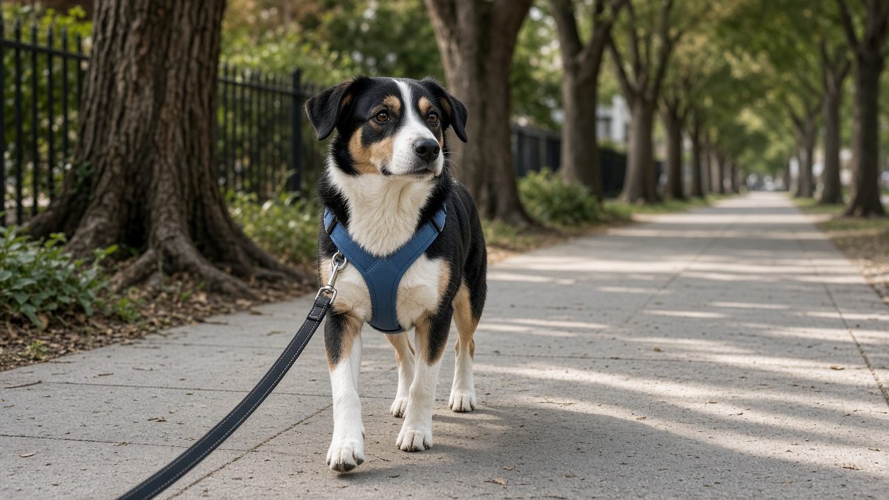 Chien qui marche en harnais sur un trottoir