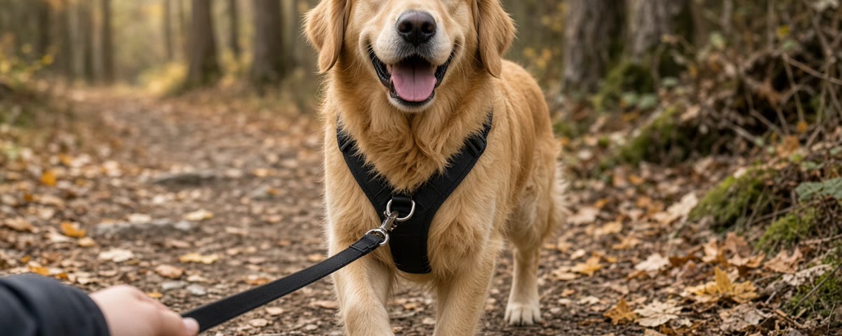 Golden retriever souriant portant un harnais noir rembourré en Y, tenu en laisse sur un chemin forestier en automne