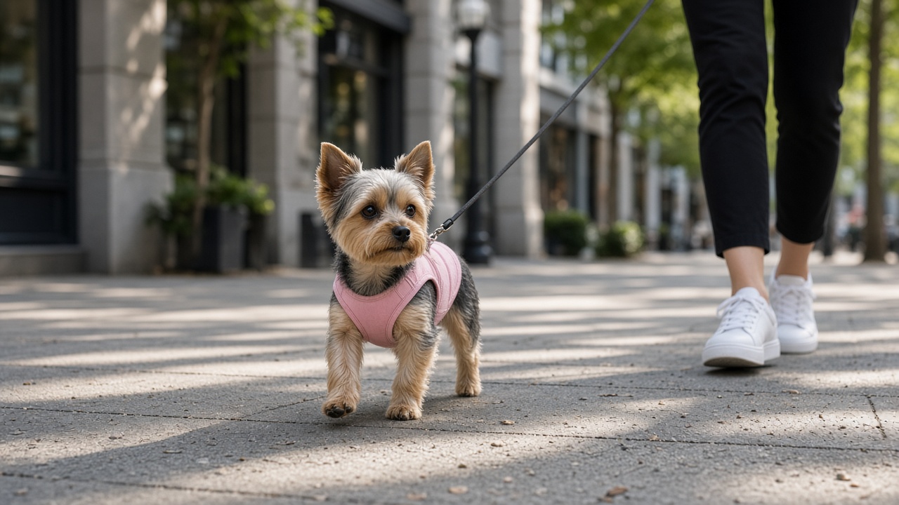 Petit chien type yorkshire en harnais veste rose sur un trottoir