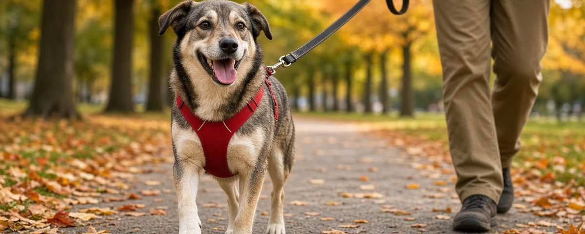 Chien heureux en promenade avec son harnais dans un parc