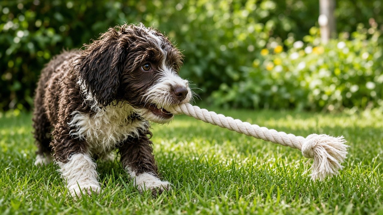 Chien jouant avec une corde dans un jardin