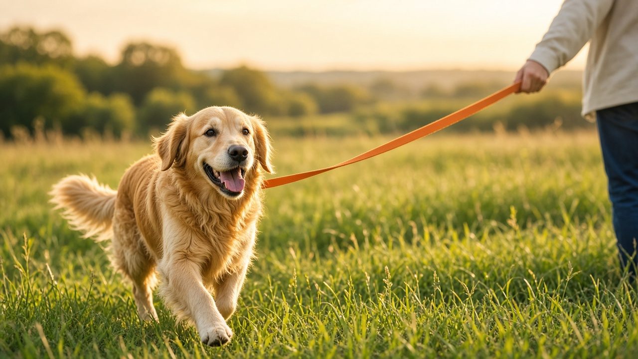 Chien en longe dans un champ