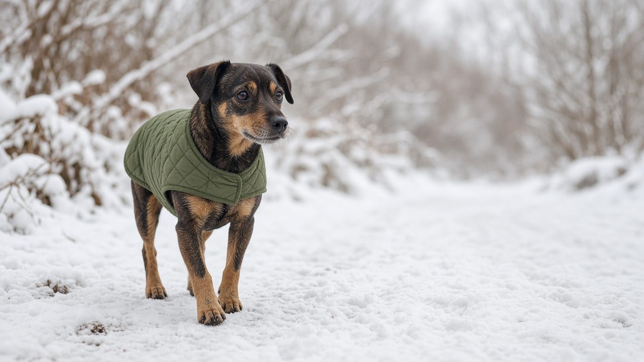 Petit chien en manteau sous la neige