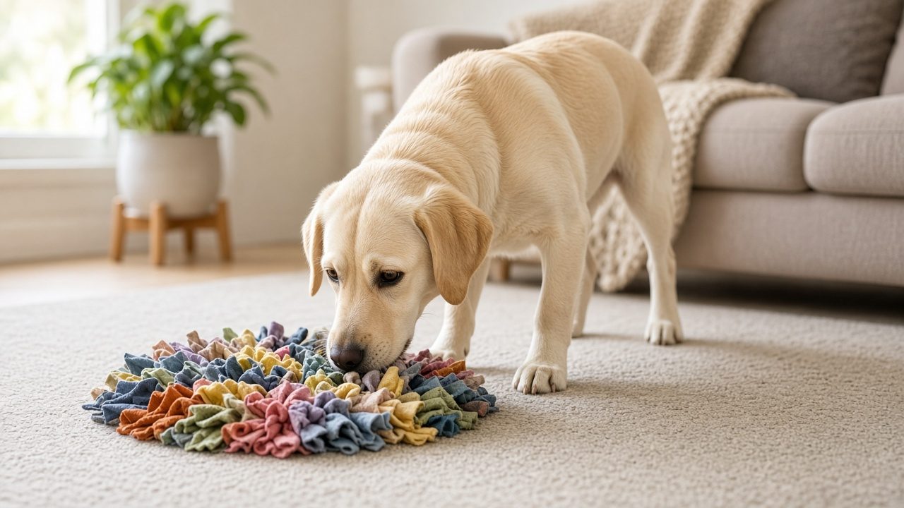 Chien occupé avec un tapis de fouille au salon