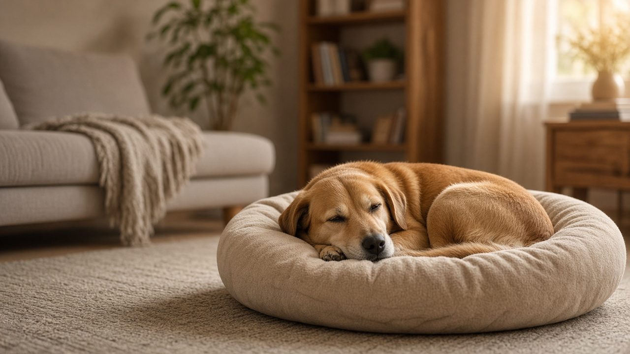 Chien endormi dans un panier rond au salon