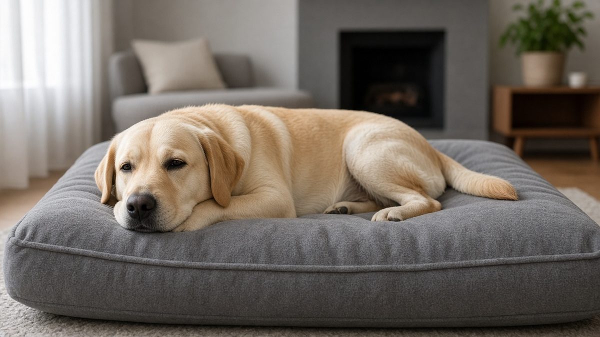 Grand chien type labrador allongé sur un grand matelas gris dans un salon