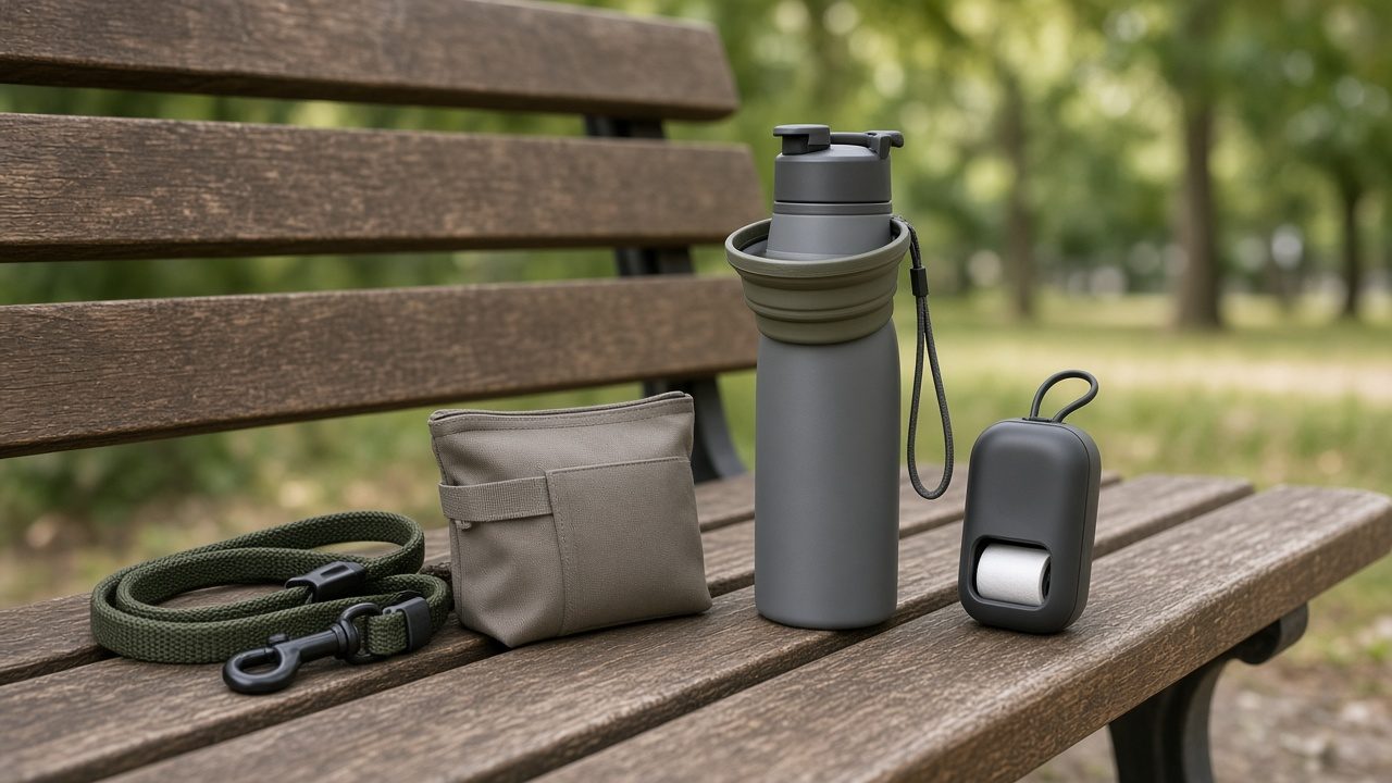 Accessoires de promenade posés sur un banc