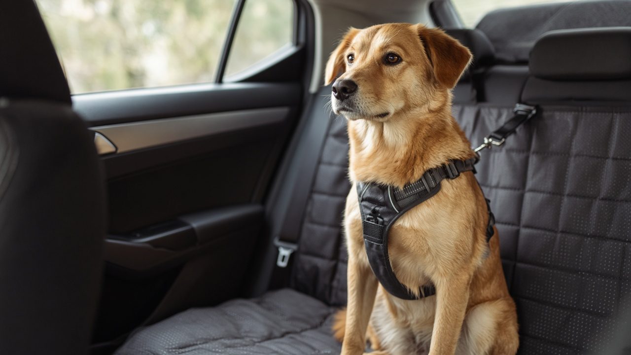 Chien attaché sur la banquette arrière d’une voiture